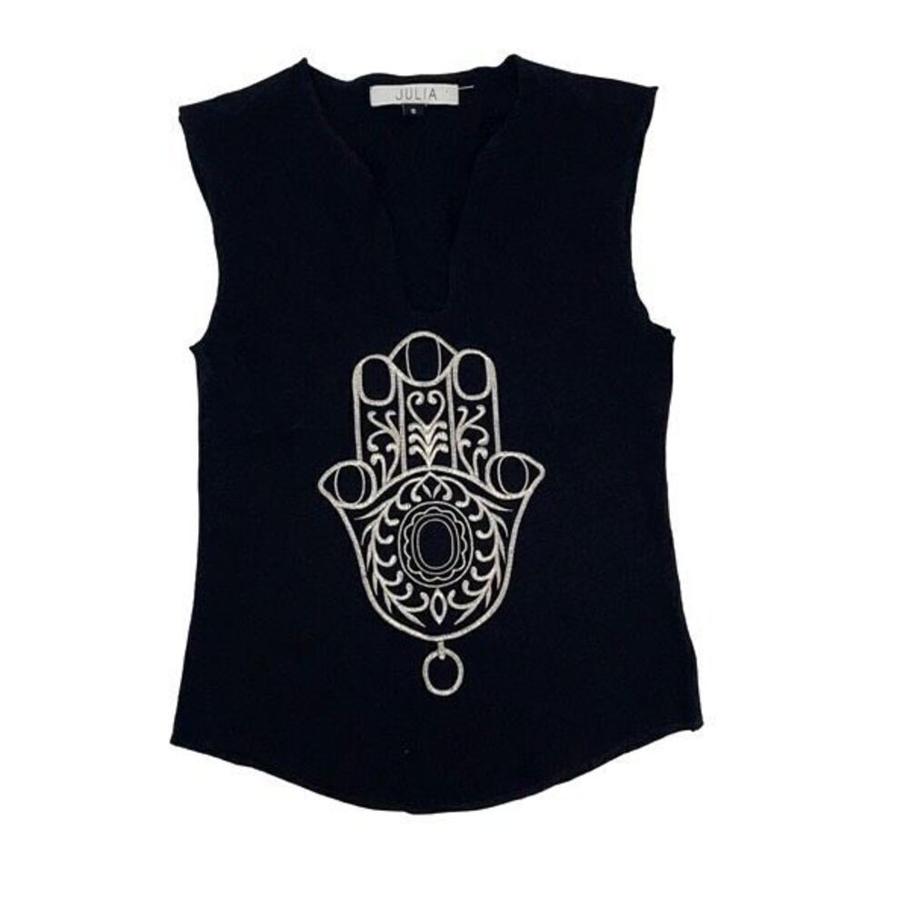 Julia Womens Raw Edge Embroidered Hand Of Fatima Tank Top Black‎ Small NWOT